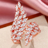 Feather Adjustable Ring for Women Wedding Party Sparkling CZ Silver Drop Jewelry