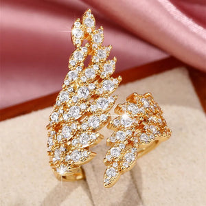 Feather Adjustable Ring for Women Wedding Party Sparkling CZ Silver Drop Jewelry