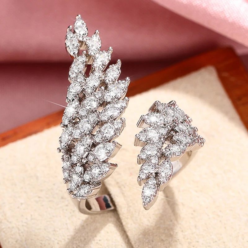 Feather Adjustable Ring for Women Wedding Party Sparkling CZ Silver Drop Jewelry