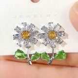 Daisy Stud Earrings Green Yellow Flower CZ Jewelry