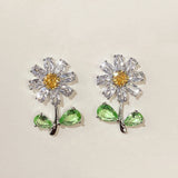 Daisy Stud Earrings Green Yellow Flower CZ Jewelry