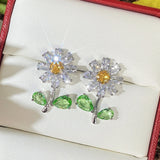 Daisy Stud Earrings Green Yellow Flower CZ Jewelry