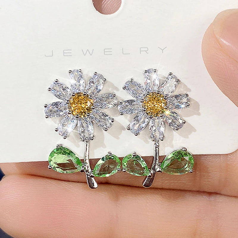 Daisy Stud Earrings Green Yellow Flower CZ Jewelry