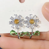 Daisy Stud Earrings Green Yellow Flower CZ Jewelry