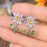 Daisy Stud Earrings Green Yellow Flower CZ Jewelry