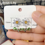 Daisy Stud Earrings Green Yellow Flower CZ Jewelry