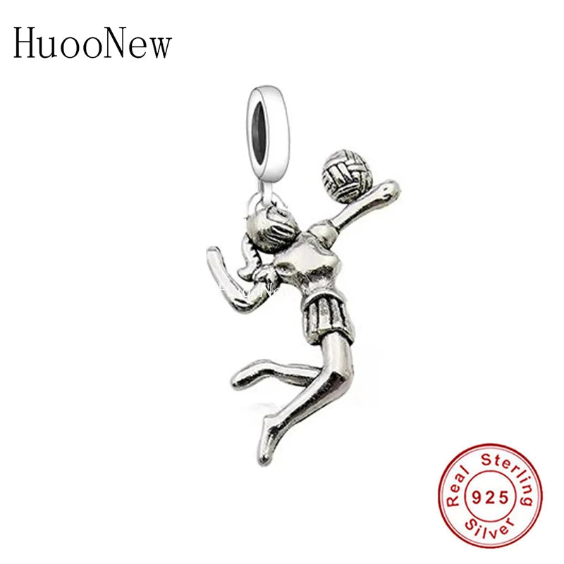 925 Sterling Silver Jumping Volleyball Girl Beads Pendant for Charm Bracelet