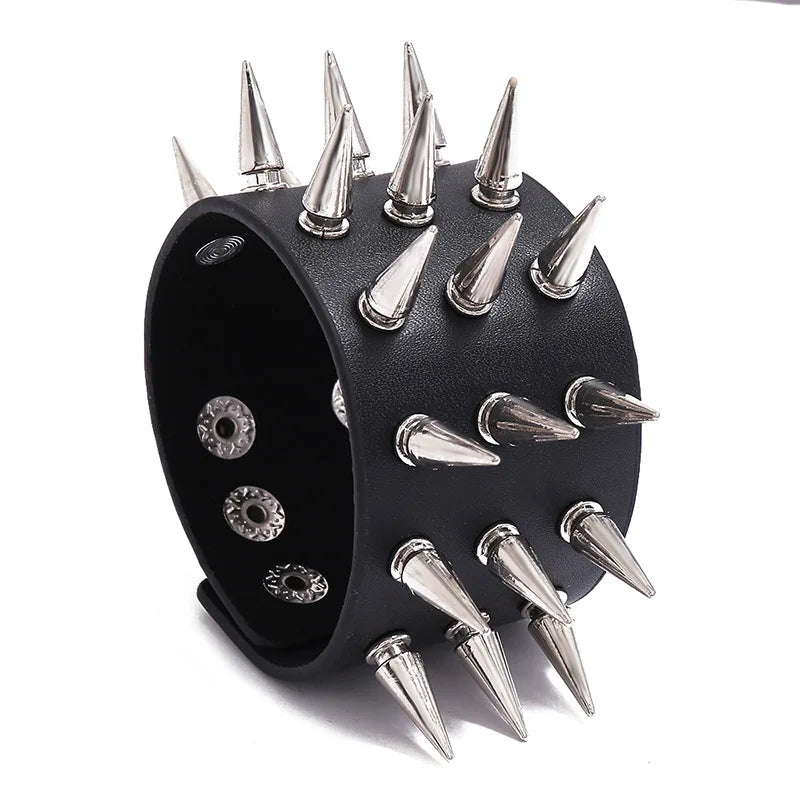 Leather ABS Rivets Cuff Bracelet Women Men Motorcycle Bangle