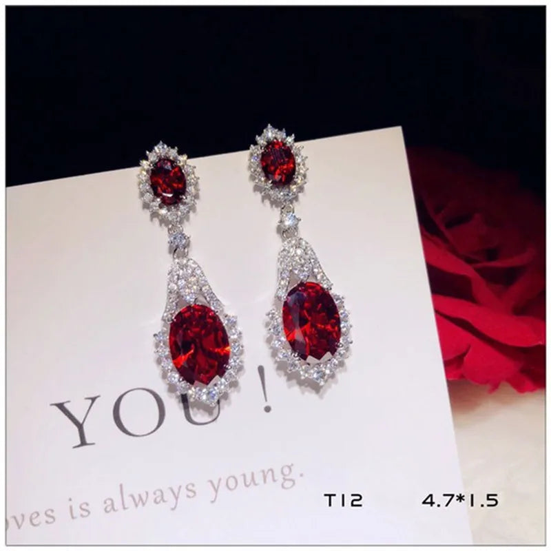 Hyperbole Drop Earrings Solid 925 Garnet Red CZ Bridal Wedding Jewelry