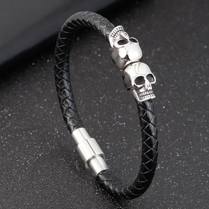 Hyperbole Braided Leather Bracelet Stainless Steel Skull