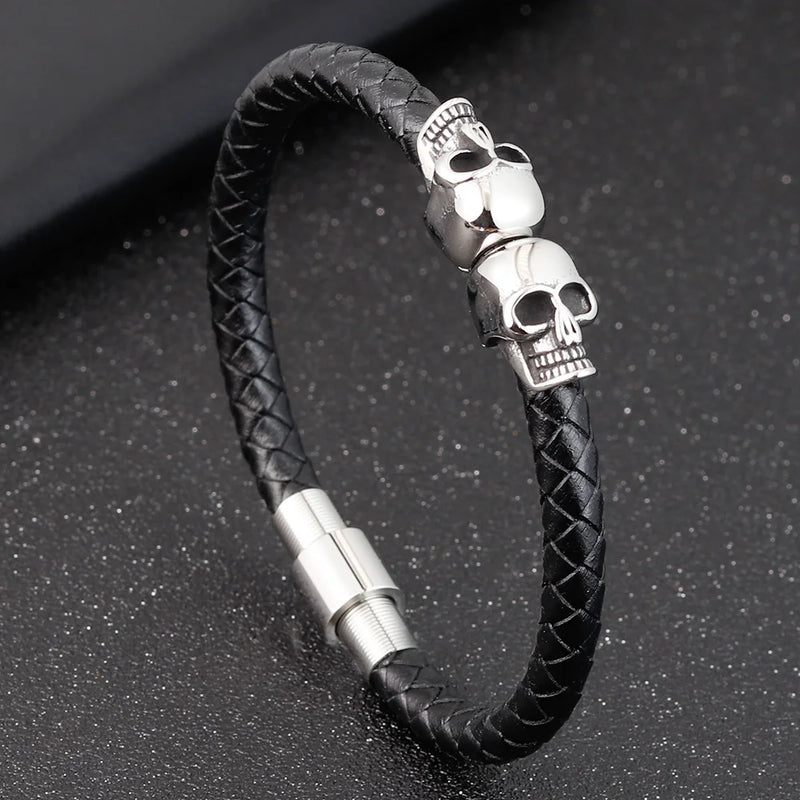 Hyperbole Braided Leather Bracelet Stainless Steel Skull