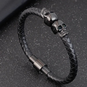 Hyperbole Braided Leather Bracelet Stainless Steel Skull