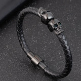 Hyperbole Braided Leather Bracelet Stainless Steel Skull
