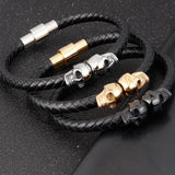 Hyperbole Braided Leather Bracelet Stainless Steel Skull