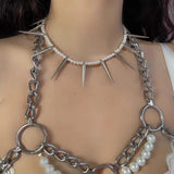 Punk Rock Rivets Necklace with Simulated Pearl Beads Chains