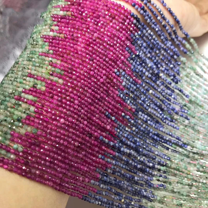 2-2.5mm Faceted Natural Red & Green Sapphire Gemstone Beads 15in