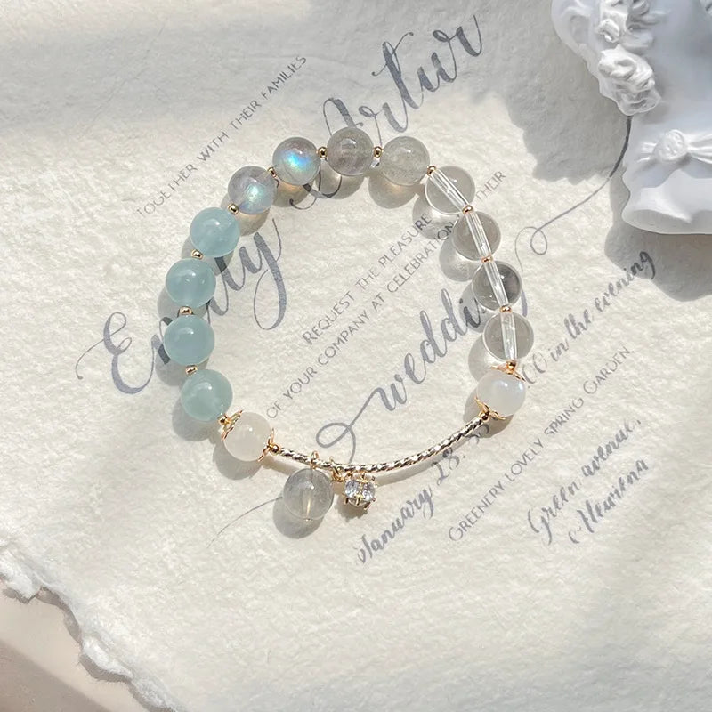 8.5mm Aquamarine Moonstone Quartz Bead Bracelet 14KGP