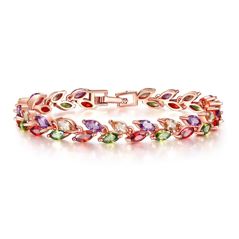 Zirconia Rose Leaf Charm Bracelet For Women