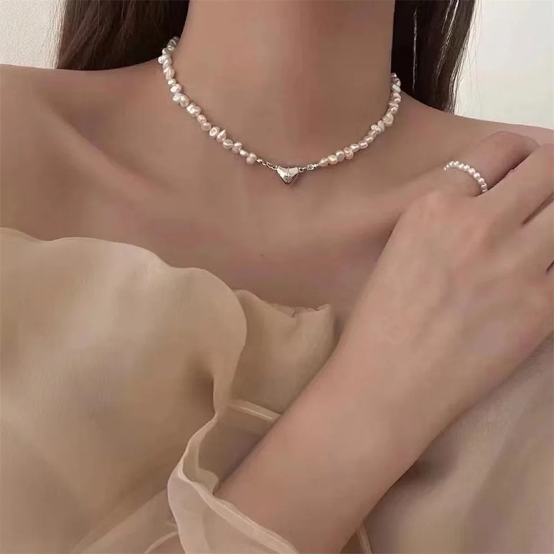 Heart Pendant Pearl Chain Choker Bridal Necklace