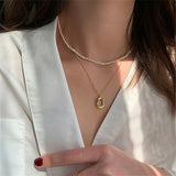 Geometric Hollow Pendant Necklace Multi-Layer Pearl Chain Wedding Jewelry