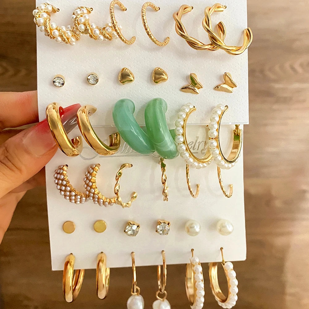 Vintage Pearl Hoop Earrings Set for Women Metal Butterfly Brincos Gift