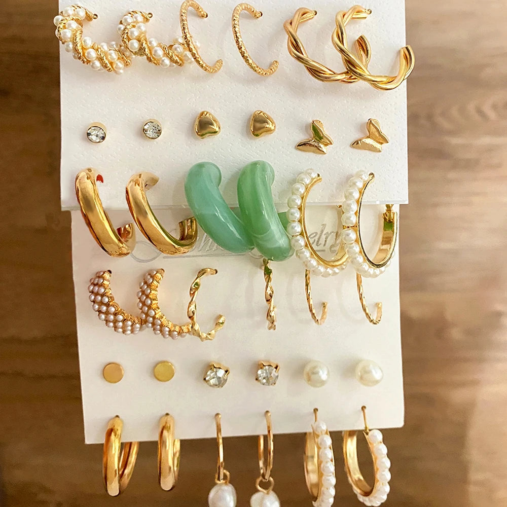 Vintage Pearl Hoop Earrings Set for Women Metal Butterfly Brincos Gift