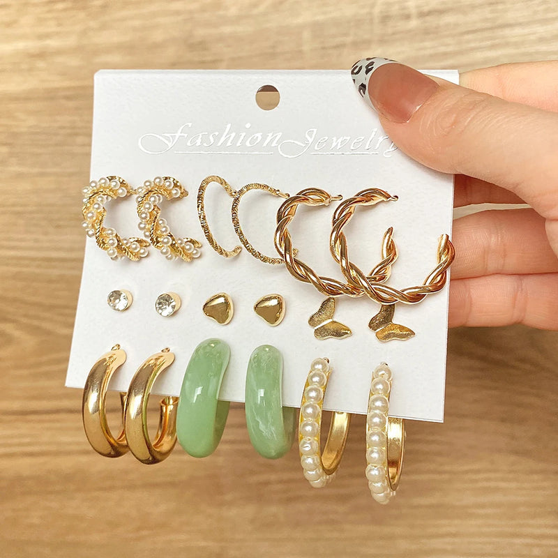 Vintage Pearl Hoop Earrings Set for Women Metal Butterfly Brincos Gift