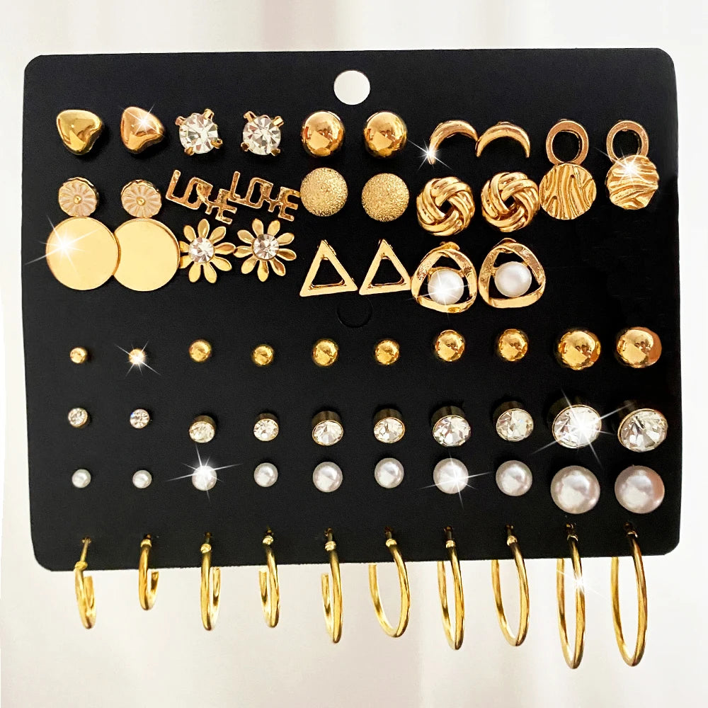 Vintage Earrings Set Geometry Pearl Love Flowers Heart Ear Studs For Women Girl