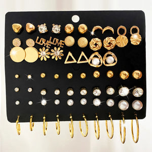 Vintage Earrings Set Geometry Pearl Love Flowers Heart Ear Studs For Women Girl