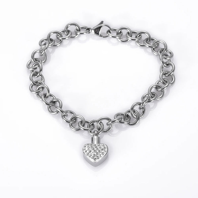 Little Crystal Heart Urn Charm Stainless Steel Cremation Bracelet