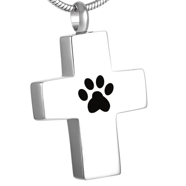 Cross with Paw Print Stainless Steel Pet Ashes Keepsake Necklace