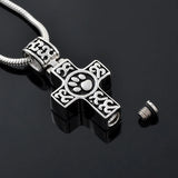 Stainless Steel Paw Print Cross Memorial Urn Pendant Necklace