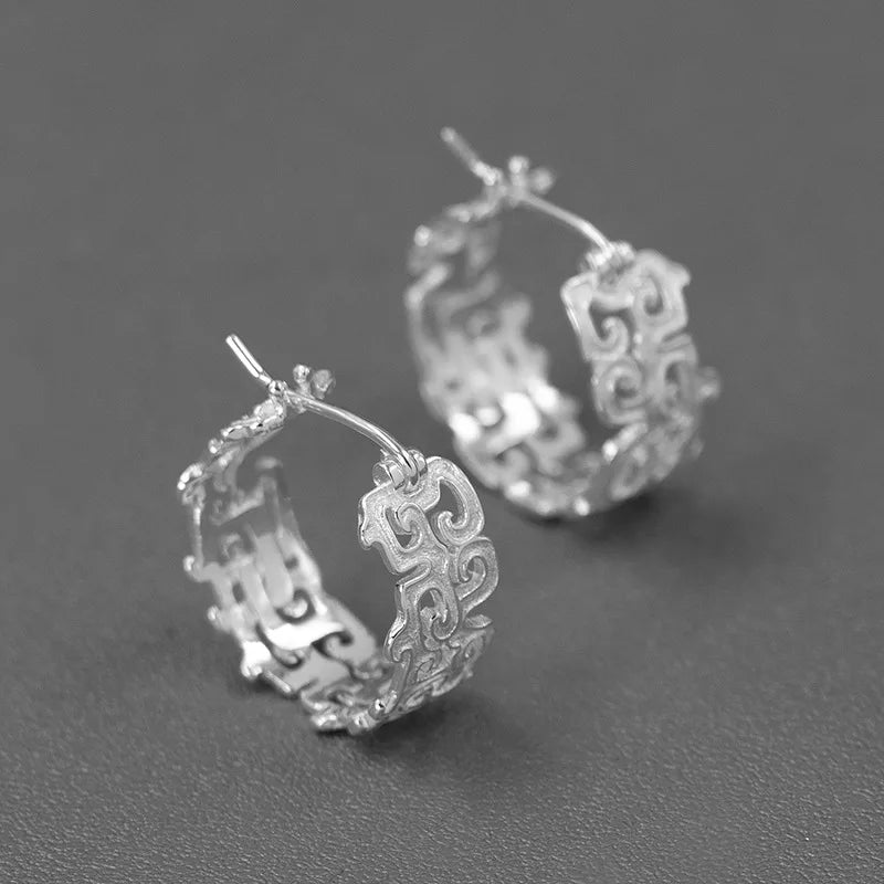 Vintage Pattern Circle Hoop Earrings, 18K Plated Sterling Silver