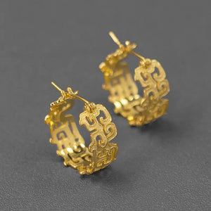 Vintage Pattern Circle Hoop Earrings, 18K Plated Sterling Silver