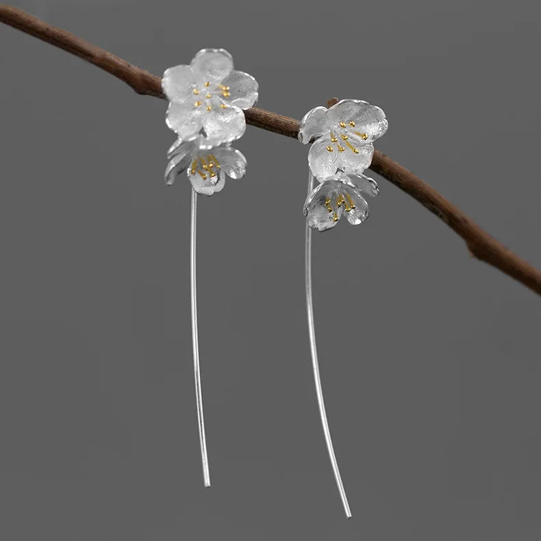 925 Silver Cherry Blossom Flower Dangle Earrings for Women