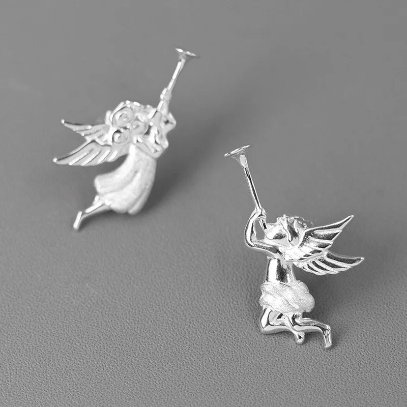 925 Silver 18K Trumpet Angels Stud Earrings Gift