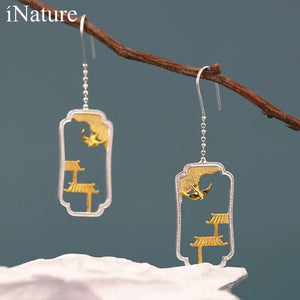 925 Silver Folk House Drop Earrings For Women Statement Jewelry Gift