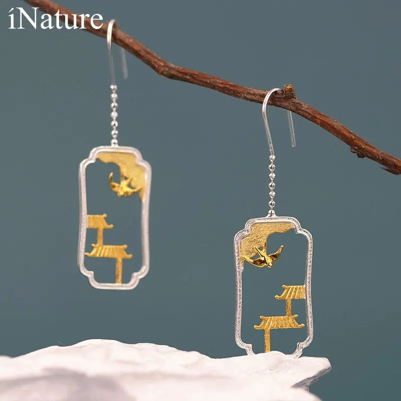 925 Silver Folk House Drop Earrings For Women Statement Jewelry Gift