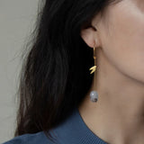 925 Silver Agate Earrings, 18K Bamboo Leaves Drop Style