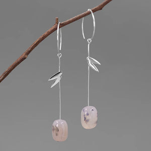 925 Silver Agate Earrings, 18K Bamboo Leaves Drop Style