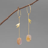 925 Silver Agate Earrings, 18K Bamboo Leaves Drop Style