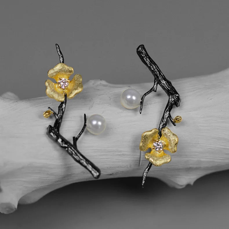925 Silver Pearl Flower Branch Stud Earrings Women Party Christmas Jewelry