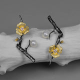 925 Silver Pearl Flower Branch Stud Earrings Women Party Christmas Jewelry