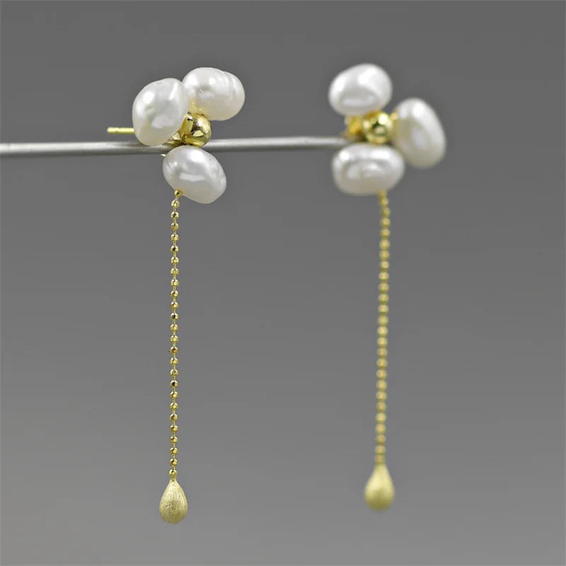 925 Silver Baroque Pearl Flower Drop Earrings for Women Party