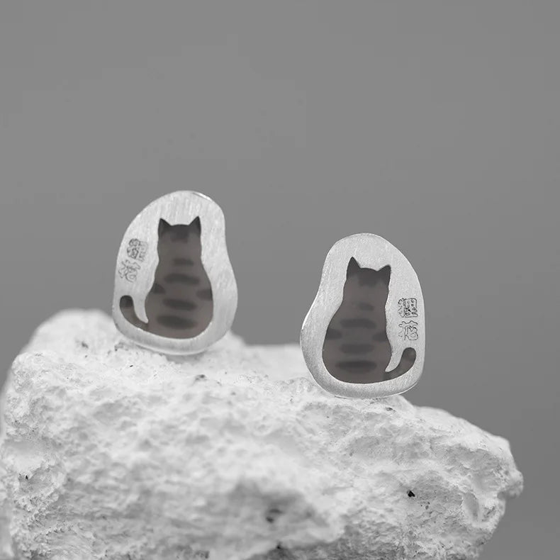 Cat Ear Stud Earrings 925 Silver Enamel for Women Girls
