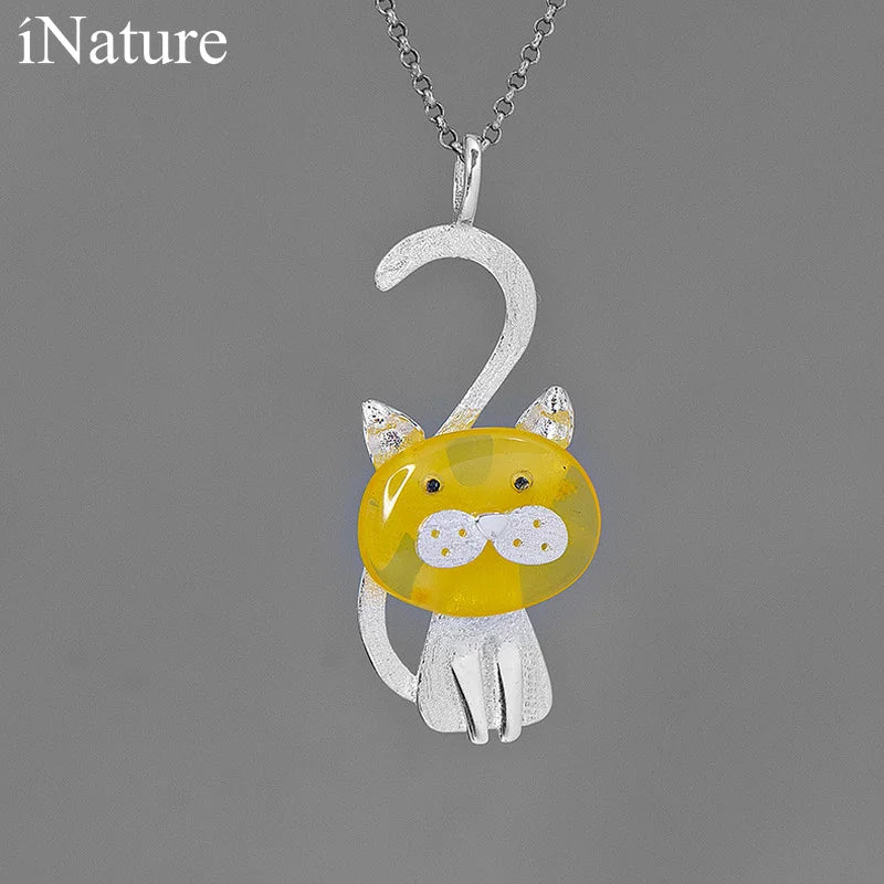 Amber Kitty Cat Silver Necklace For Women Fine Jewelry