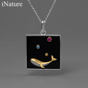 Natural Agate Whale Pendant Necklace Sterling Silver Jewelry