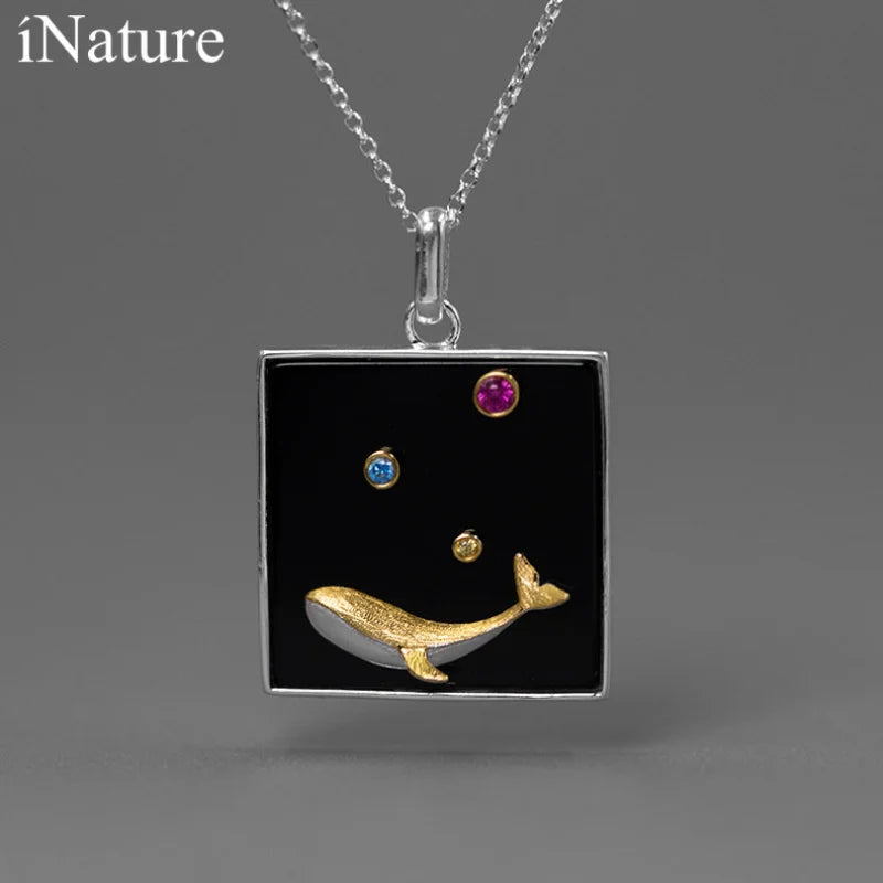 Natural Agate Whale Pendant Necklace Sterling Silver Jewelry