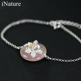 Rose Quartz Flower Bracelet 925 Sterling Silver Adjustable Charm Bracelet