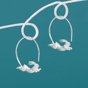 Sterling Silver Flying Rabbit Circle Hoop Earrings for Women